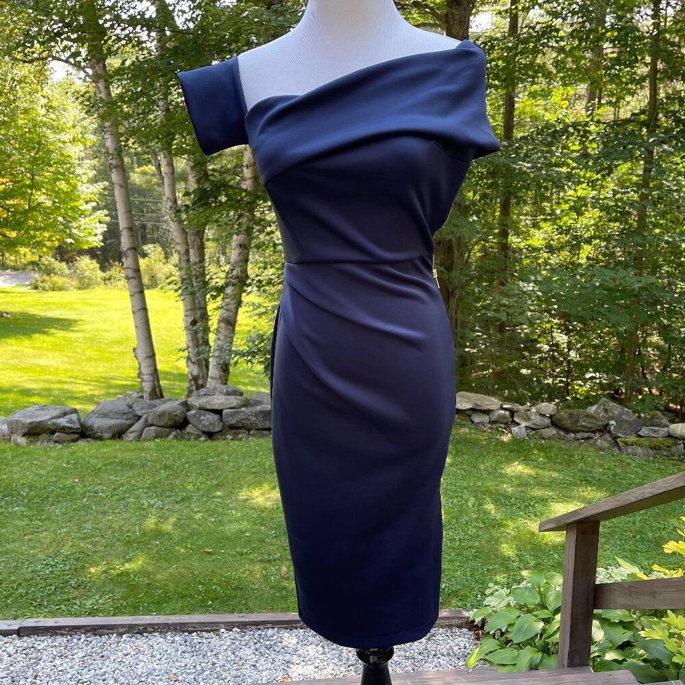 ASOS DESIGN *SALE* off the shoulder pleat waist detail pencil dress in navy blue